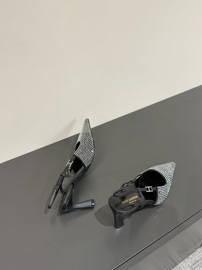 HIGH SLINGBACKS POINTED-TOE IN BLACK LAMBSKIN WITH SILVER CRYSTALS