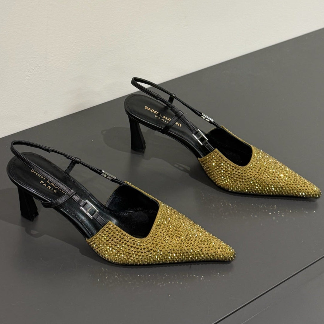 HIGH SLINGBACKS POINTED-TOE IN METALLIC GOLD LAMBSKIN WITH CRYSTALS