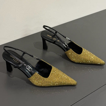 HIGH SLINGBACKS POINTED-TOE IN METALLIC GOLD LAMBSKIN WITH CRYSTALS