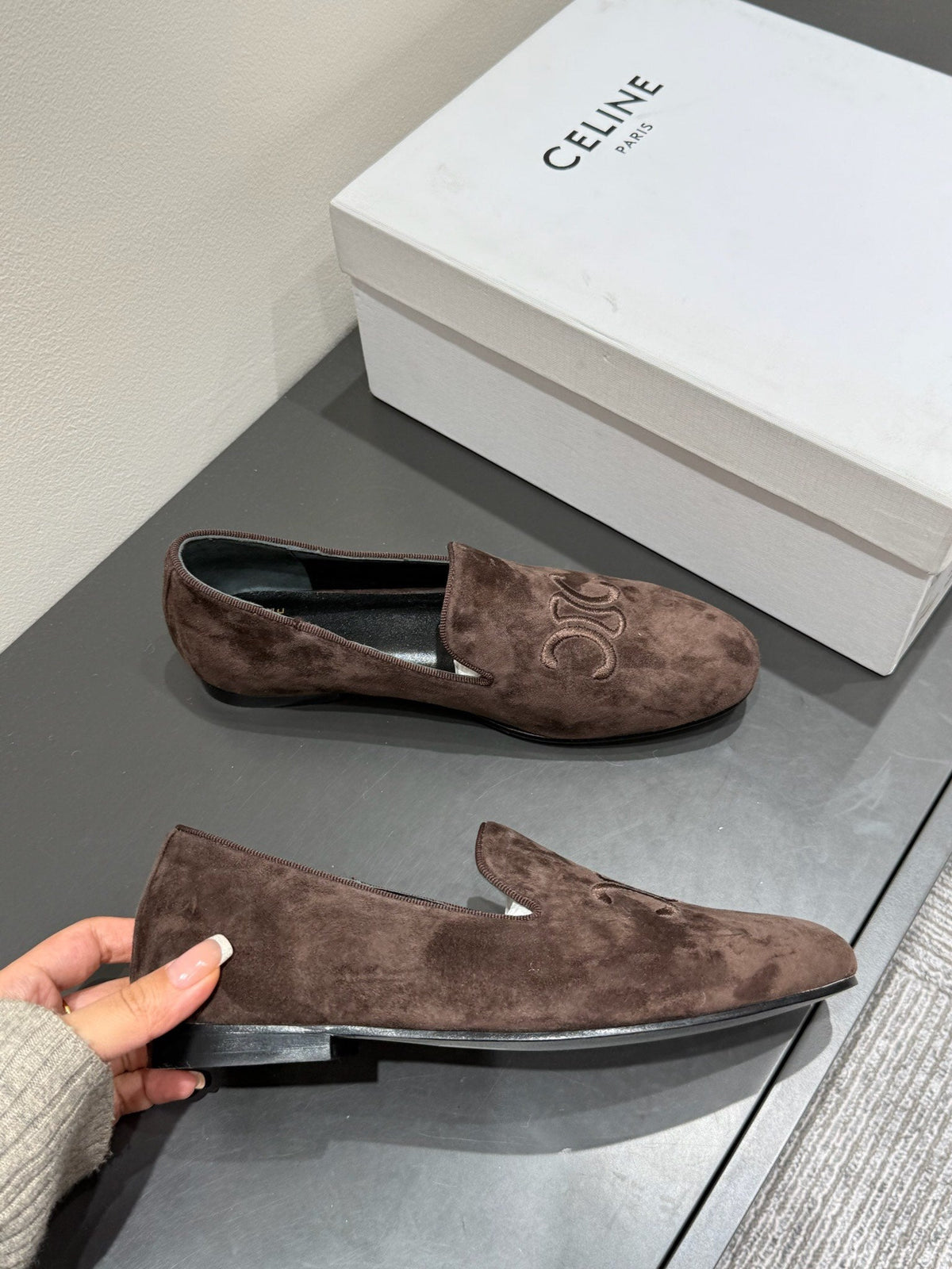 LOAFERS IN CHOCOLATE BROWN SUEDE EMBROIDERED LOGO