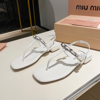 PEARL CHAIN FLIP-FLOPS SNOW COLOR LEATHER