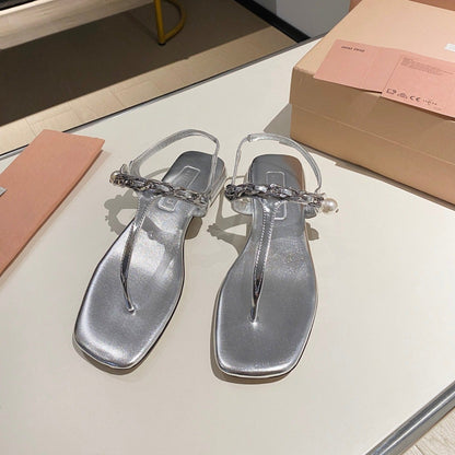 PEARL CHAIN FLIP-FLOPS SILVER LEATHER