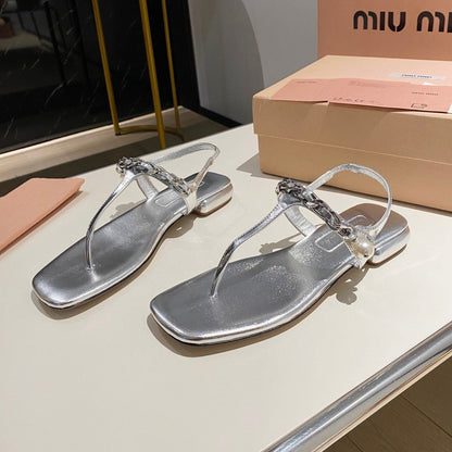 PEARL CHAIN FLIP-FLOPS SILVER LEATHER