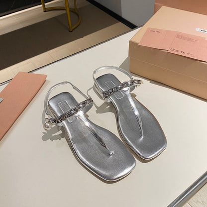 PEARL CHAIN FLIP-FLOPS SILVER LEATHER