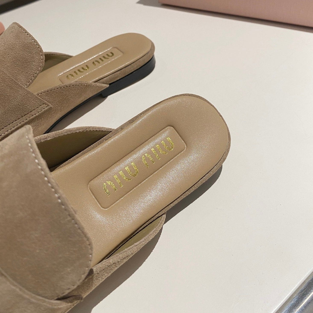MULES SLIPPERS KHAKI COLOR SUEDE WITH GOLD COIN
