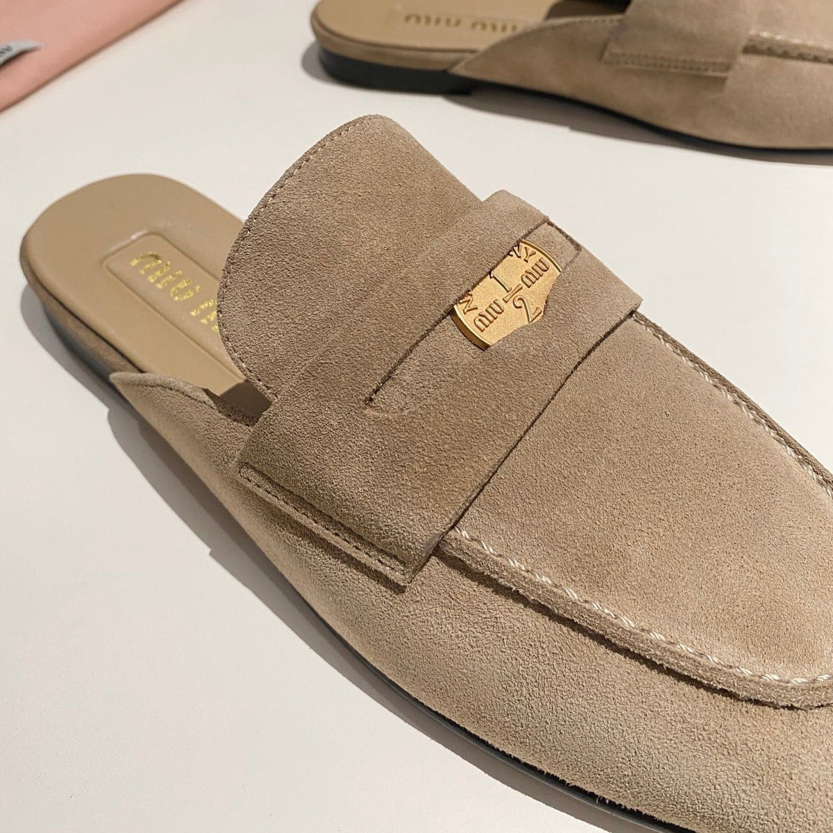 MULES SLIPPERS KHAKI COLOR SUEDE WITH GOLD COIN