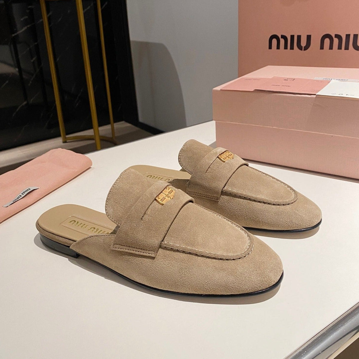 MULES SLIPPERS KHAKI COLOR SUEDE WITH GOLD COIN