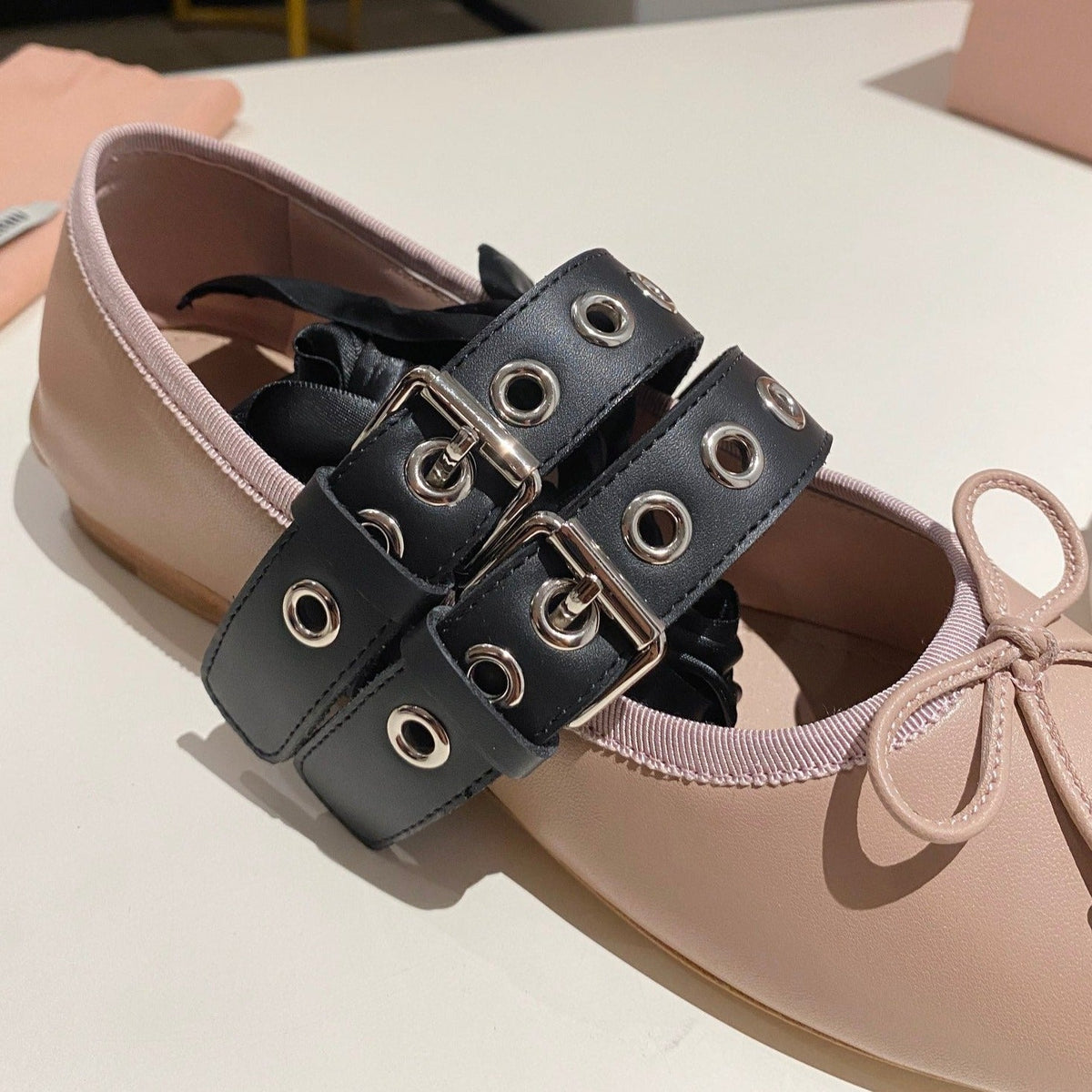 BALLET FLAT SHOES PINK NUDE LAMBSKIN WITH UNIQUE BLACK STRAPS
