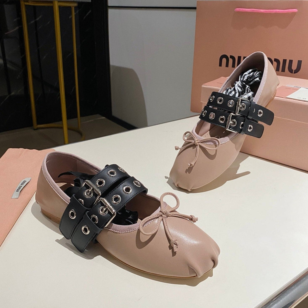 BALLET FLAT SHOES PINK NUDE LAMBSKIN WITH UNIQUE BLACK STRAPS