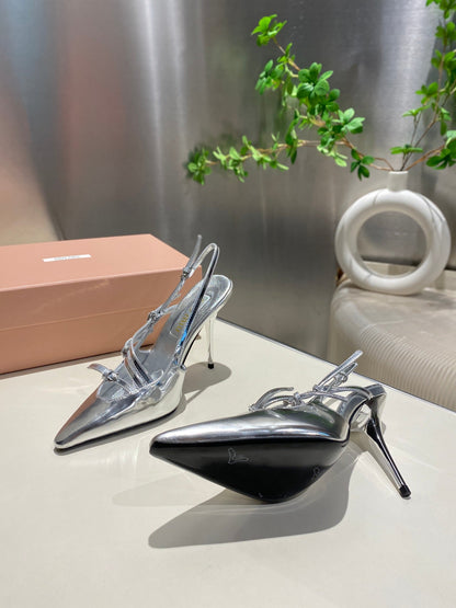 CROSS STRAP HIGH HEELED SLINGBACK IN SILVER METALLIC GLOSSY SHEEPSKIN