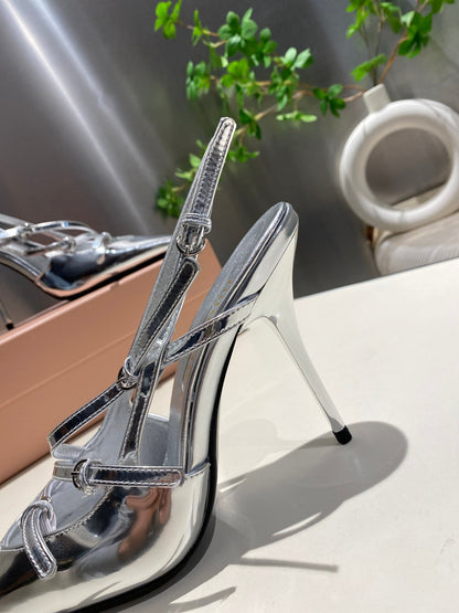 CROSS STRAP HIGH HEELED SLINGBACK IN SILVER METALLIC GLOSSY SHEEPSKIN