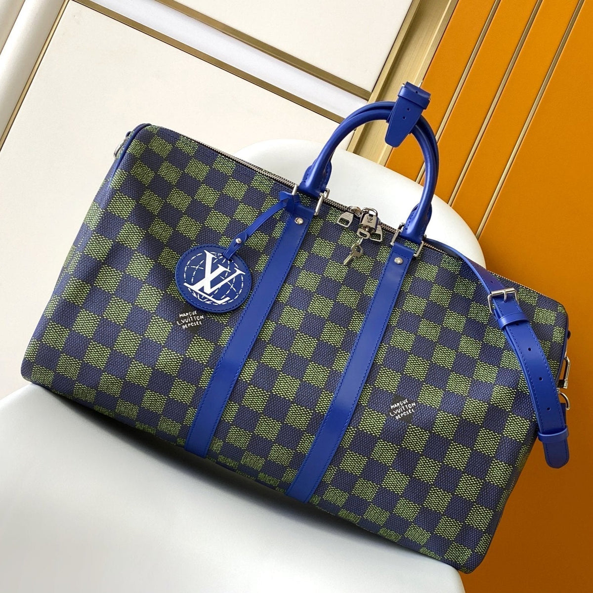 KEEPALL BANDOULIÈRE 50 IN BLUE GREEN DAMIER HERITAGE COATED CANVAS