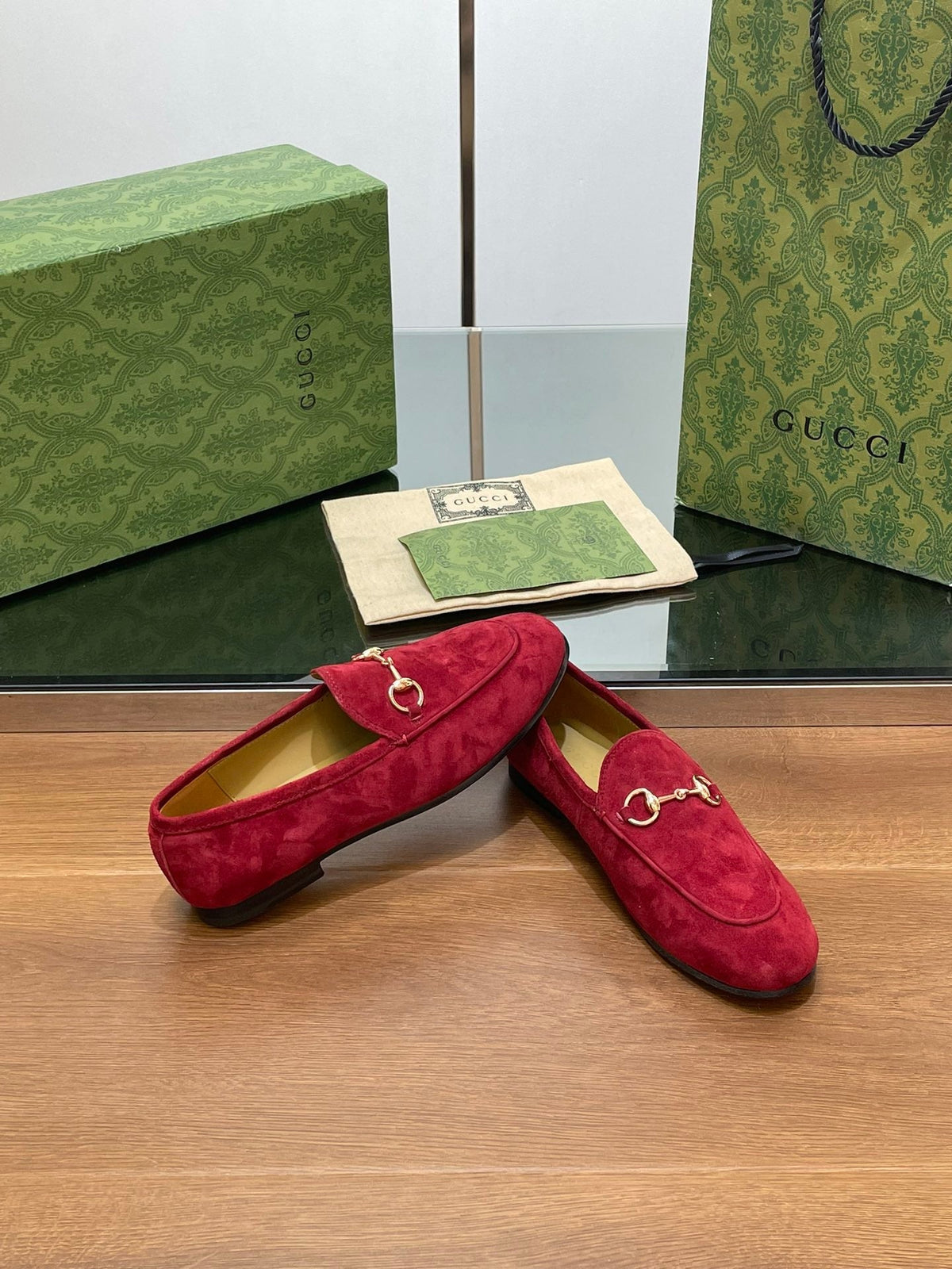 HORSEBIT LOAFER IN CHERRY RED SUEDE WITH GOLD HARDWARE
