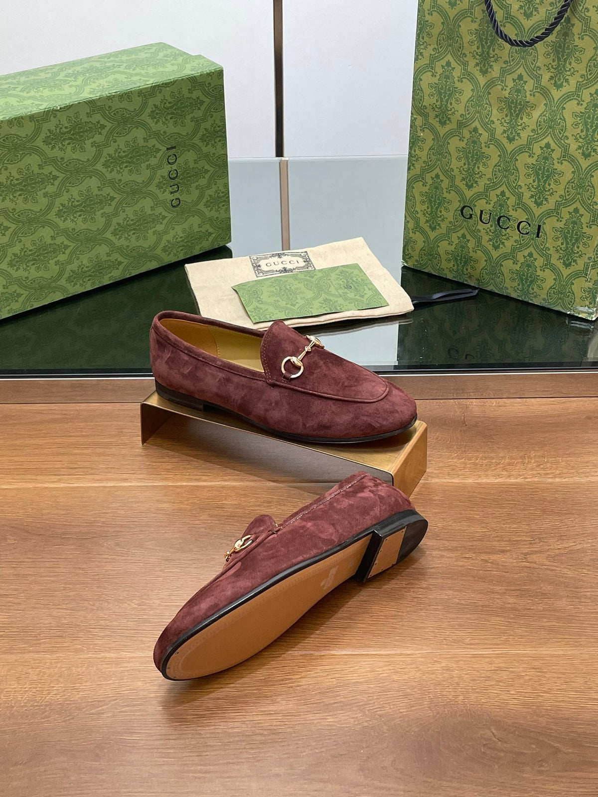 HORSEBIT LOAFER IN UMBER BROWN SUEDE WITH GOLD HARDWARE