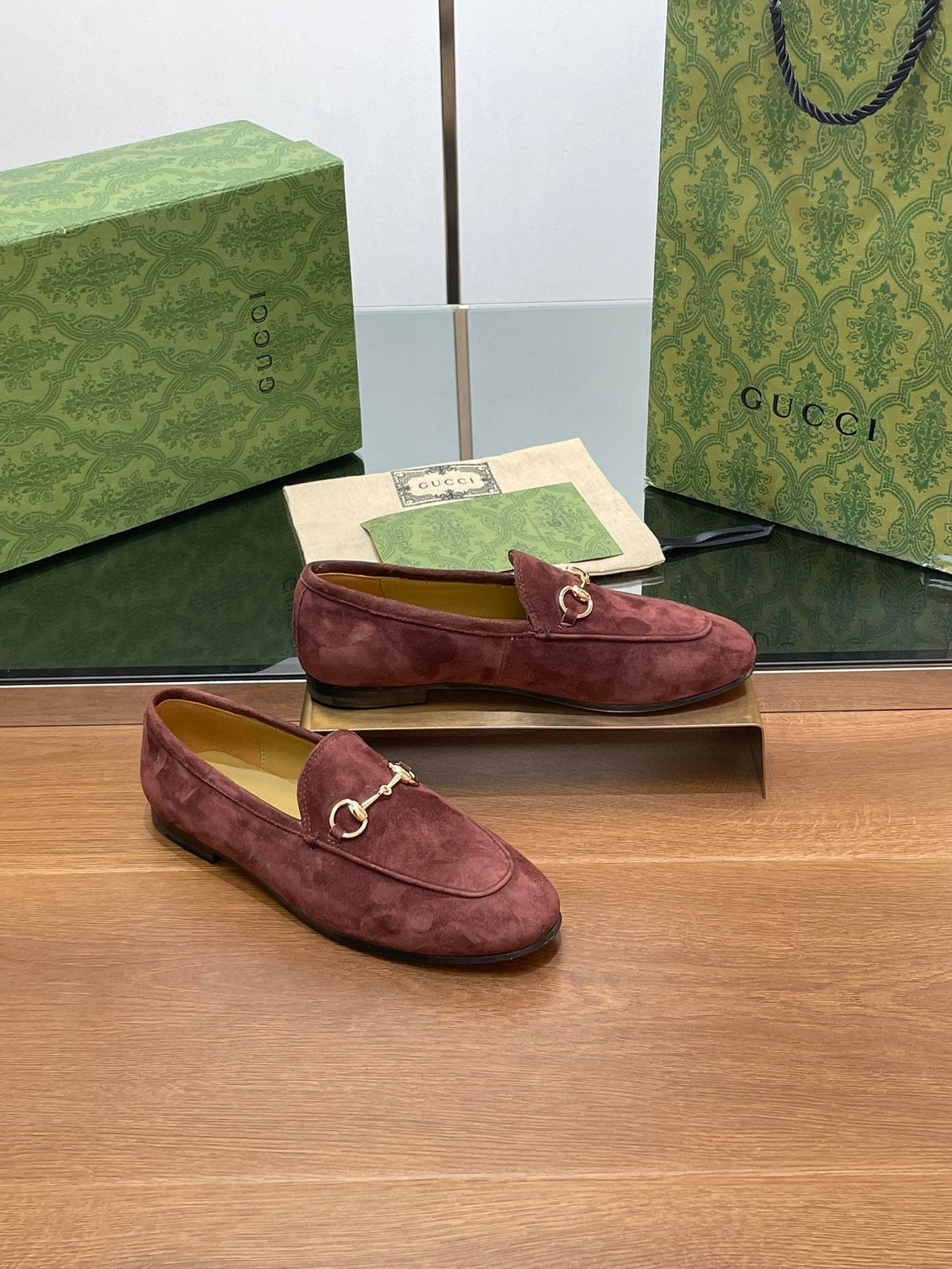 HORSEBIT LOAFER IN UMBER BROWN SUEDE WITH GOLD HARDWARE