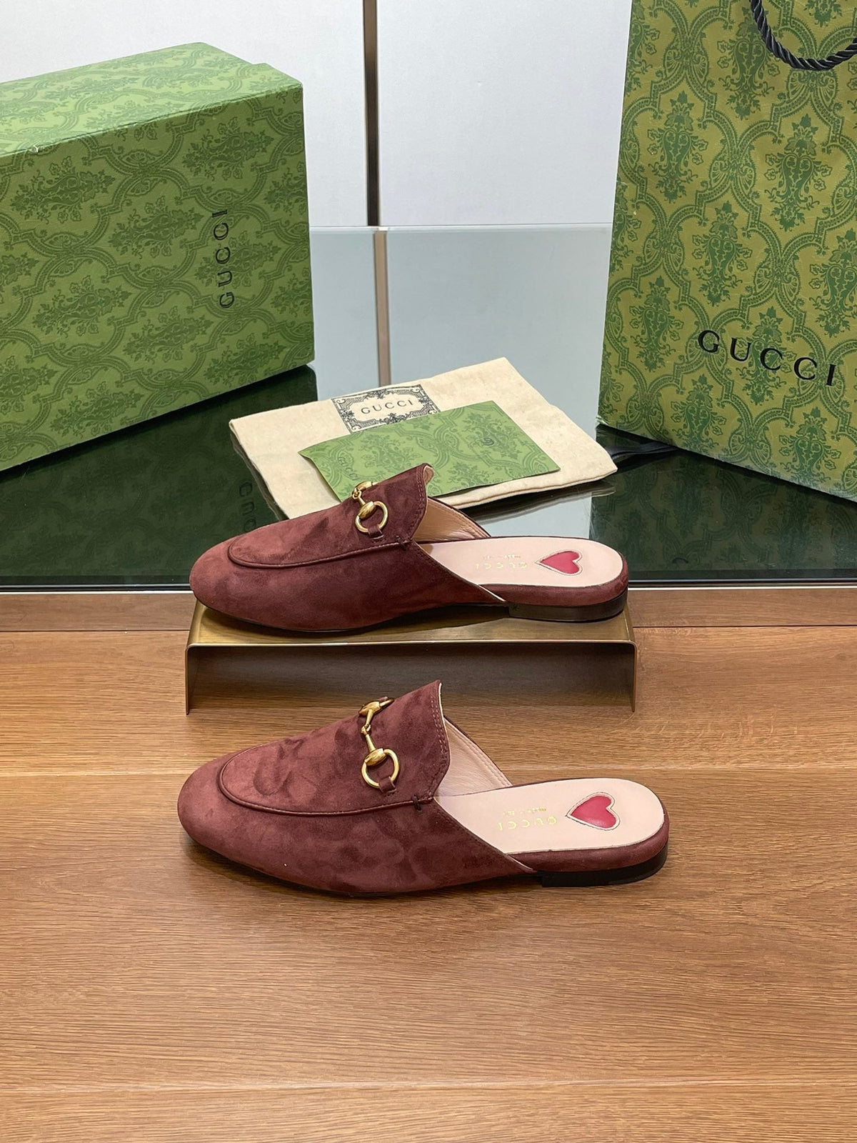 HORSEBIT MULE IN UMBER BROWN SUEDE WITH GOLD HARDWARE
