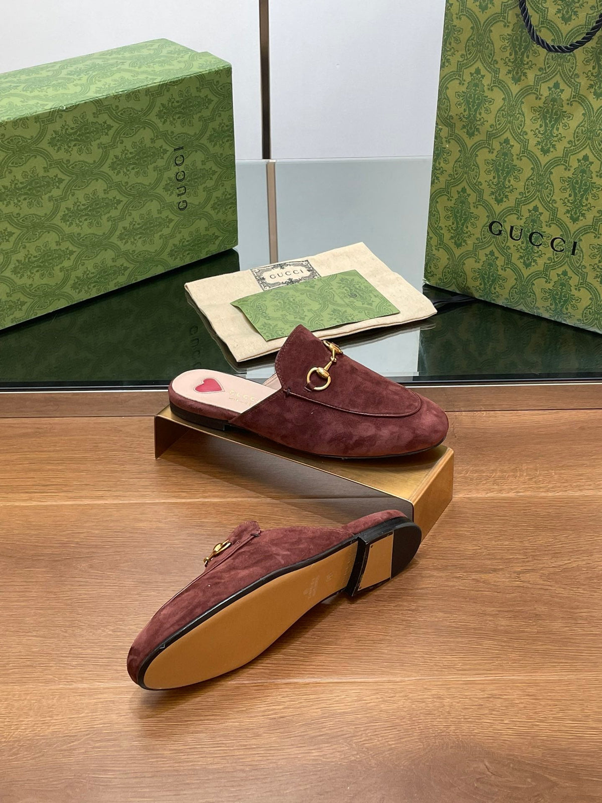 HORSEBIT MULE IN UMBER BROWN SUEDE WITH GOLD HARDWARE