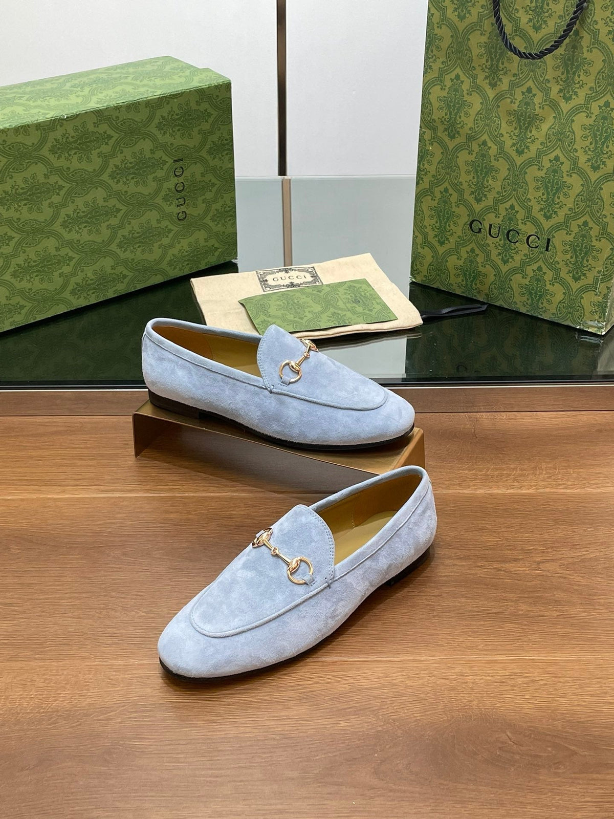 HORSEBIT LOAFER IN LIGHT BLUE SUEDE WITH GOLD HARDWARE