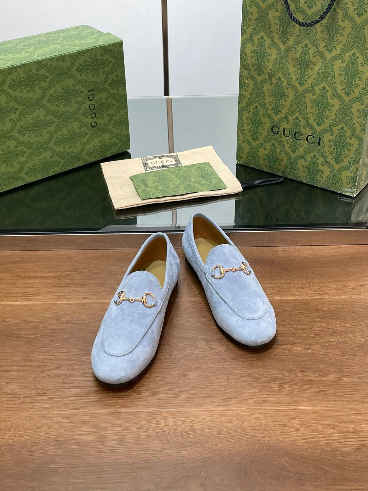 HORSEBIT LOAFER IN LIGHT BLUE SUEDE WITH GOLD HARDWARE