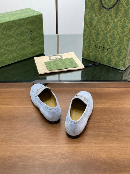 HORSEBIT LOAFER IN LIGHT BLUE SUEDE WITH GOLD HARDWARE