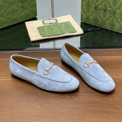 HORSEBIT LOAFER IN LIGHT BLUE SUEDE WITH GOLD HARDWARE