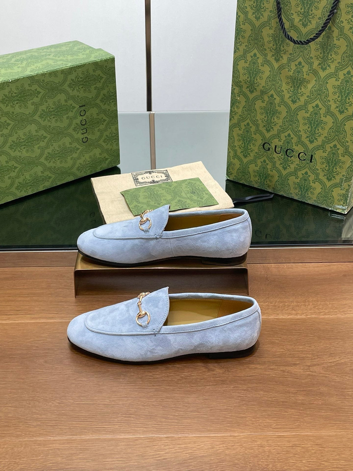 HORSEBIT LOAFER IN LIGHT BLUE SUEDE WITH GOLD HARDWARE
