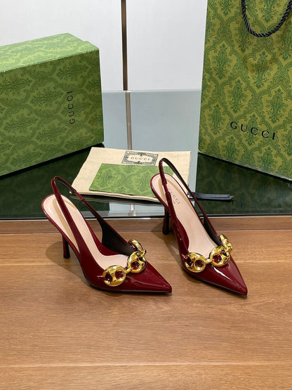 GG HIGH SLINGBACK 10.5 CM IN WINE RED GLOSSY CALFSKIN WITH GOLD HARDWARE