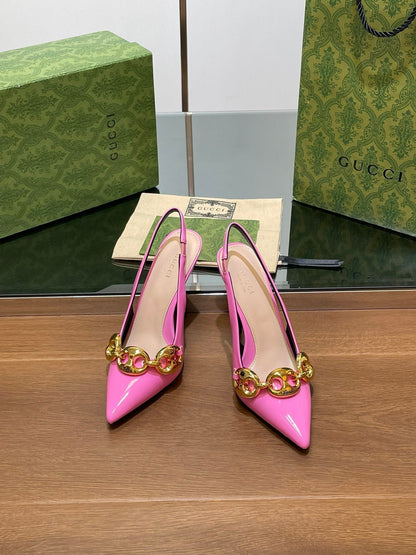 GG HIGH SLINGBACK 10.5 CM IN FUSICA PINK GLOSSY CALFSKIN WITH GOLD HARDWARE