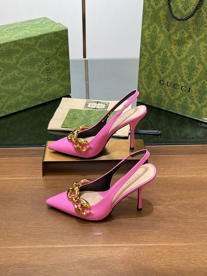 GG HIGH SLINGBACK 10.5 CM IN FUSICA PINK GLOSSY CALFSKIN WITH GOLD HARDWARE