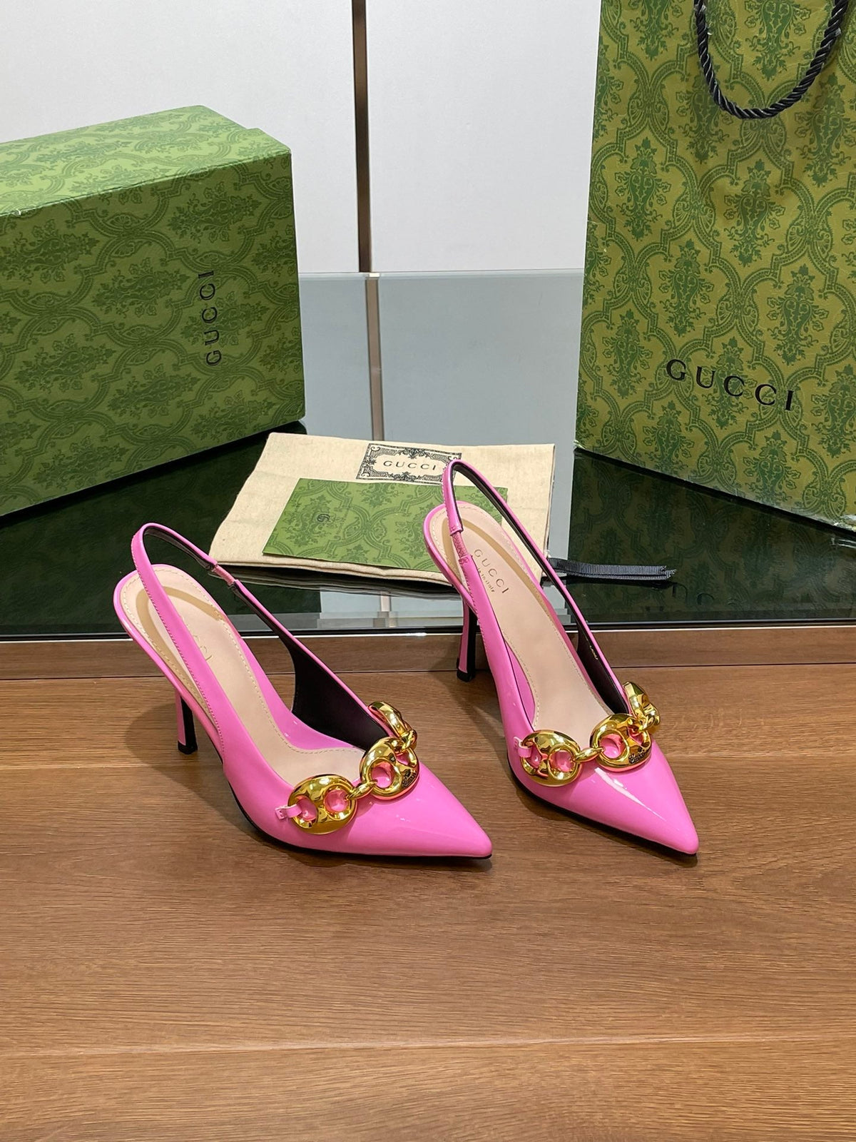 GG HIGH SLINGBACK 10.5 CM IN FUSICA PINK GLOSSY CALFSKIN WITH GOLD HARDWARE