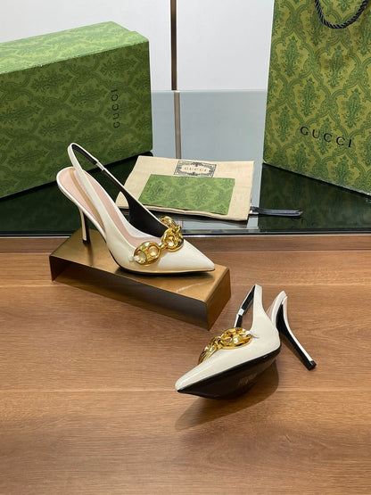 GG HIGH SLINGBACK 10.5 CM IN WHITE GLOSSY CALFSKIN WITH GOLD HARDWARE