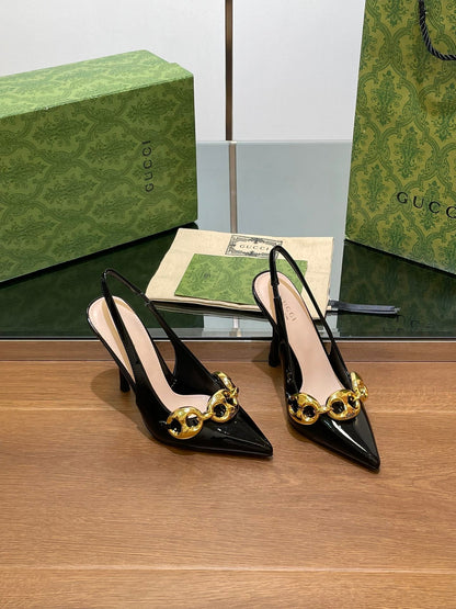 GG HIGH SLINGBACK 10.5 CM IN BLACK GLOSSY CALFSKIN WITH GOLD HARDWARE