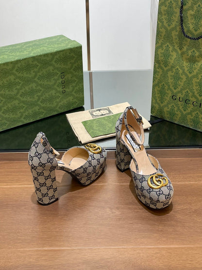 GG HIGH SANDAL 11.5 CM IN BLACK MIX BEIGE MONOGRAM JACQUARD FABRIC