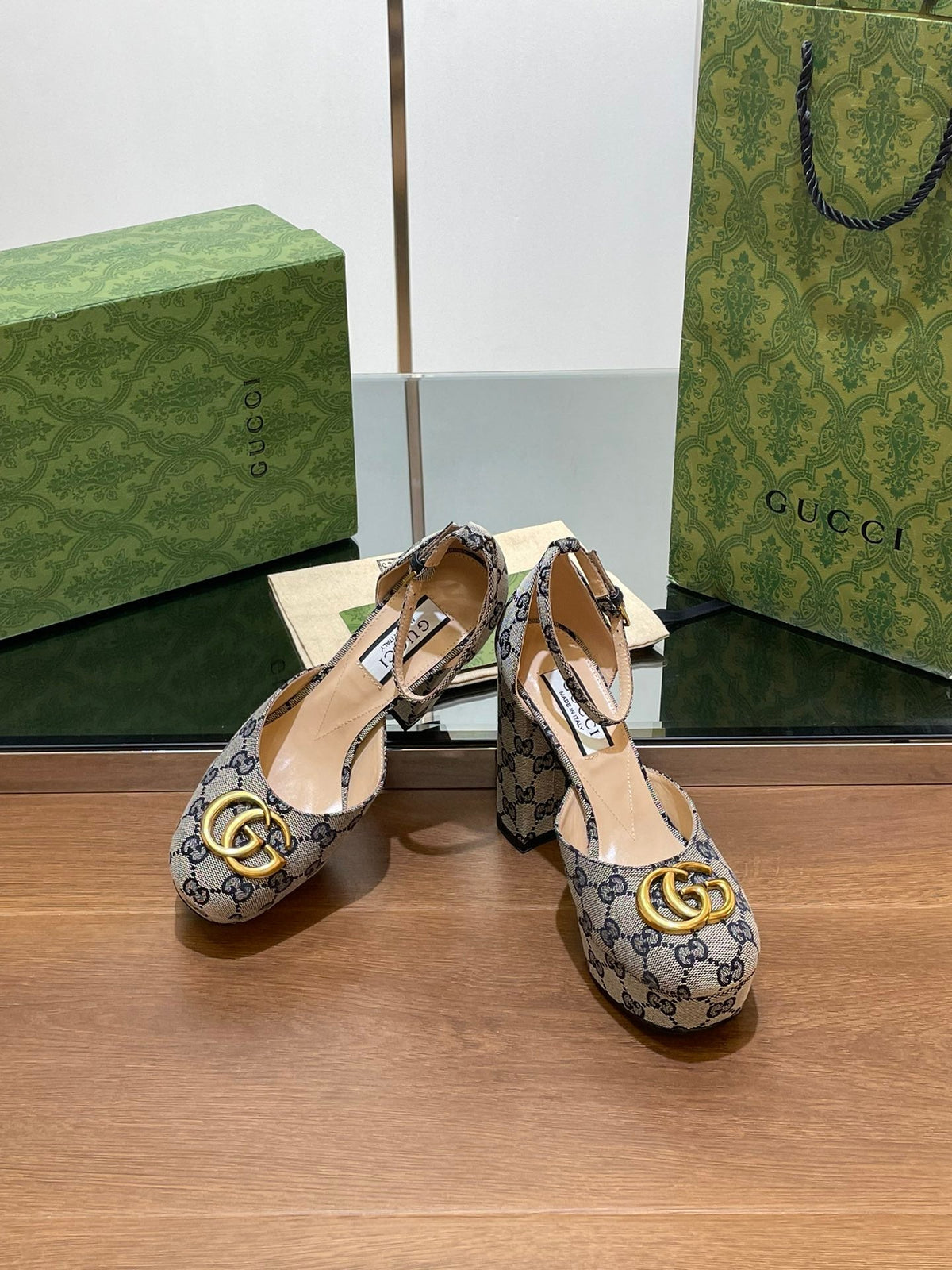 GG HIGH SANDAL 11.5 CM IN BLACK MIX BEIGE MONOGRAM JACQUARD FABRIC