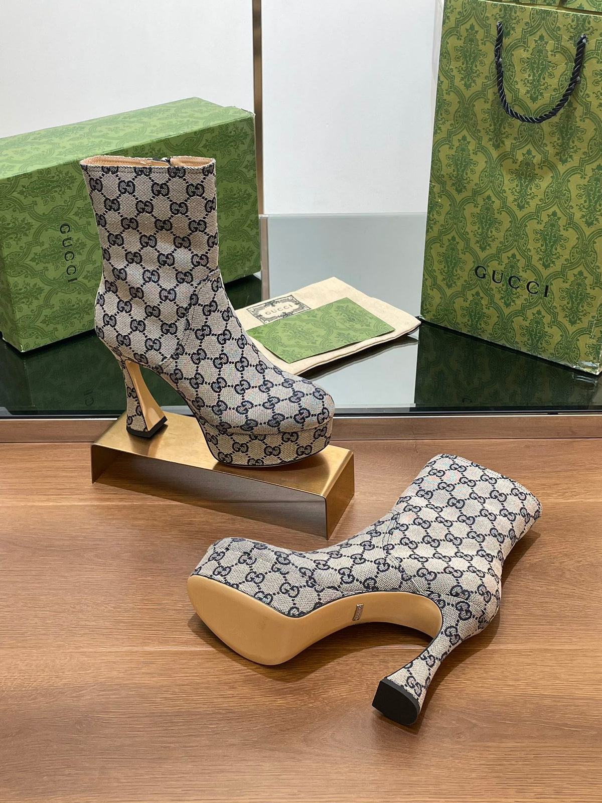 GG SHORT BOOTS 11.5 CM IN BLACK MIX BEIGE MONOGRAM JACQUARD FABRIC
