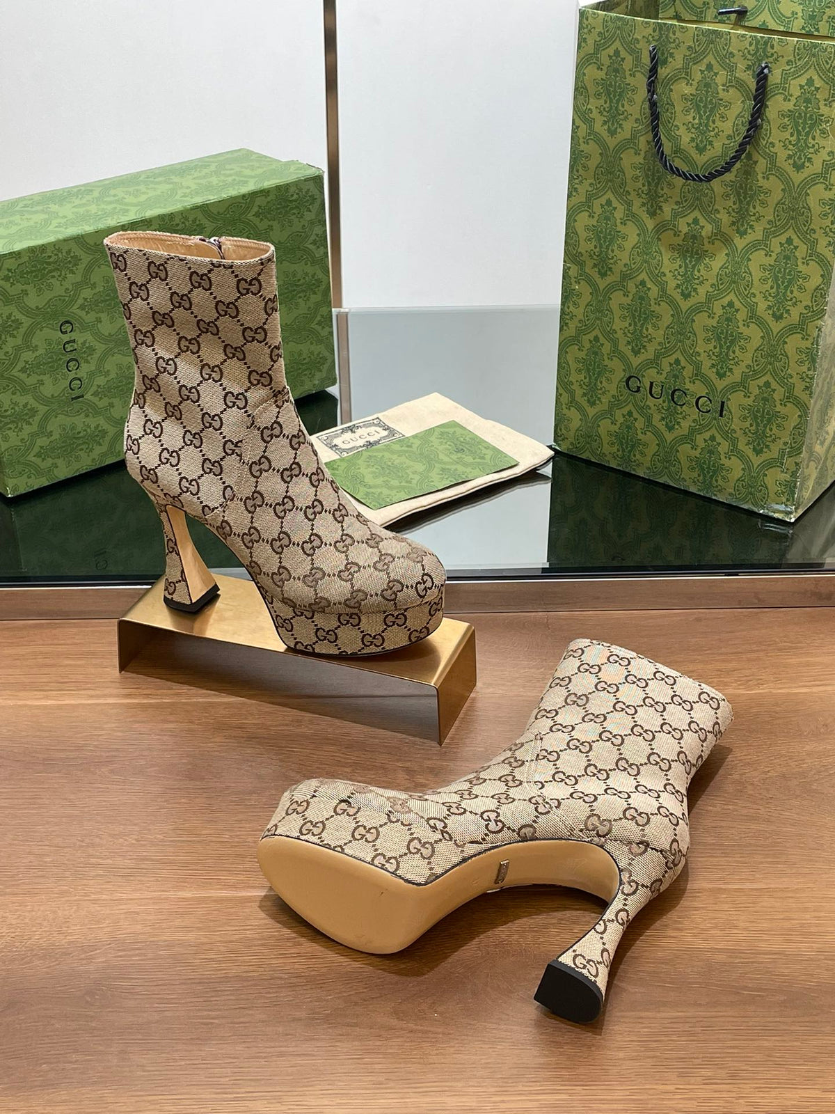 GG HIGH SANDAL 11.5 CM IN CAMEL BROWN MONOGRAM JACQUARD FABRIC