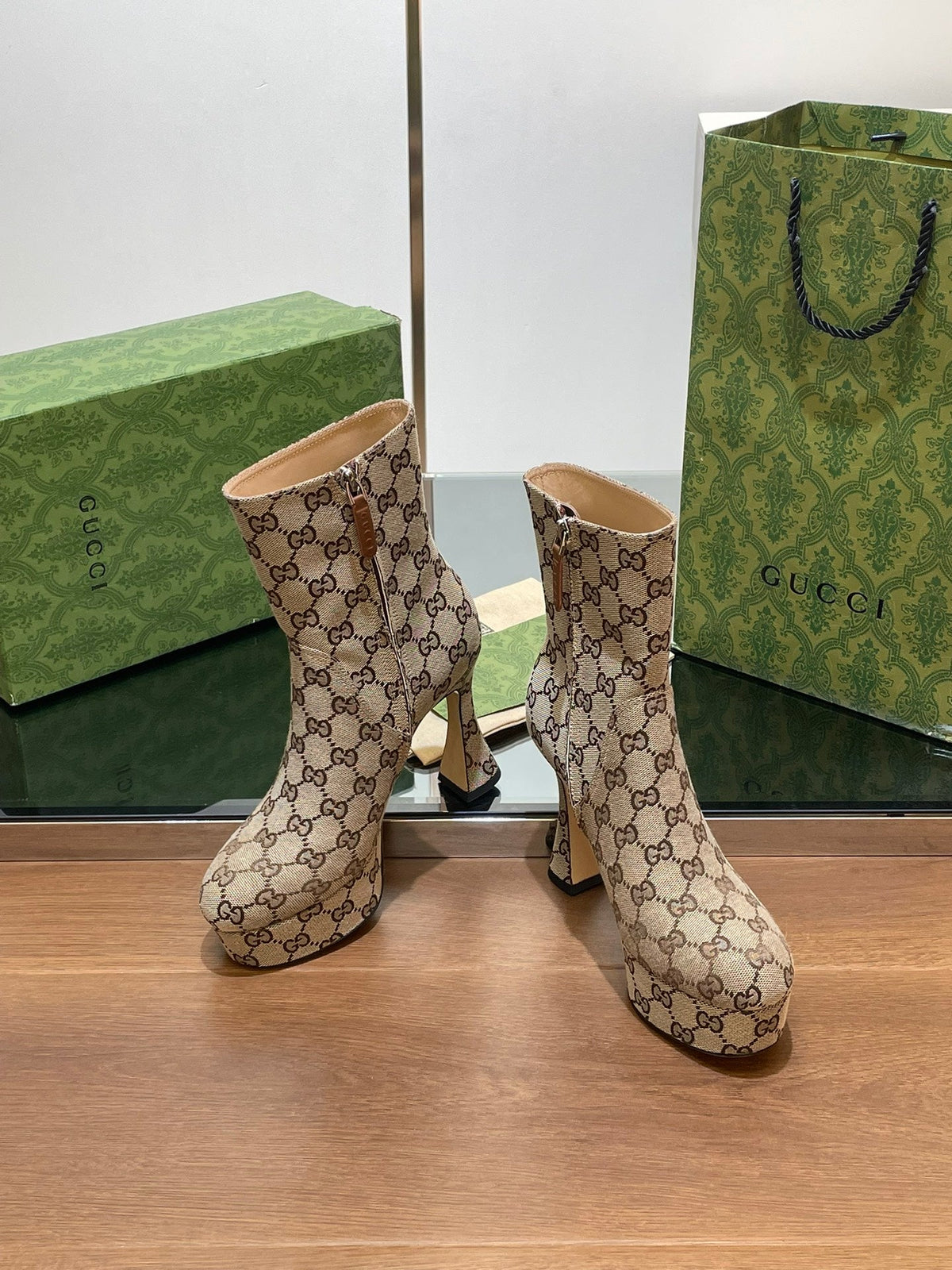 GG HIGH SANDAL 11.5 CM IN CAMEL BROWN MONOGRAM JACQUARD FABRIC