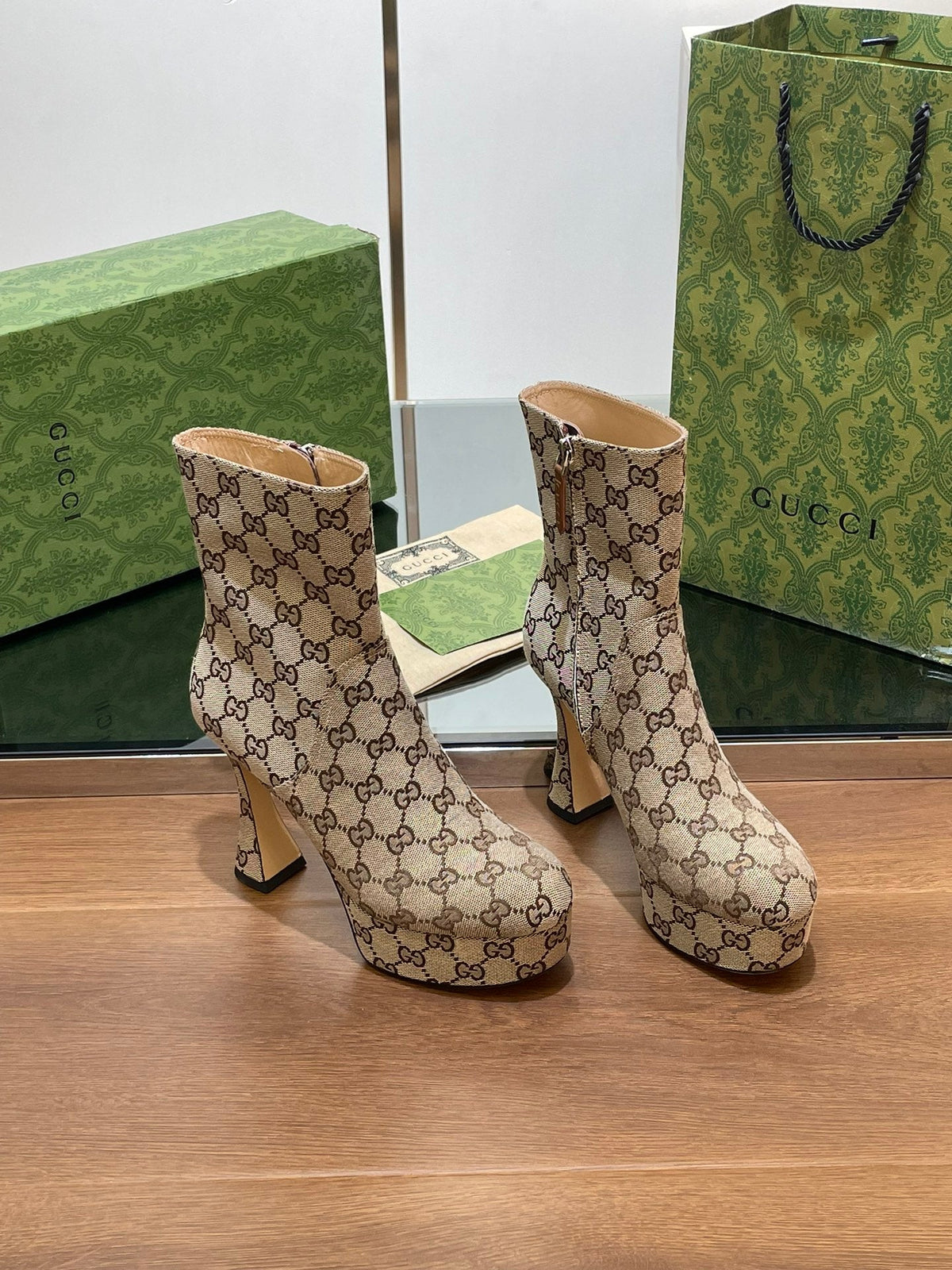 GG HIGH SANDAL 11.5 CM IN CAMEL BROWN MONOGRAM JACQUARD FABRIC