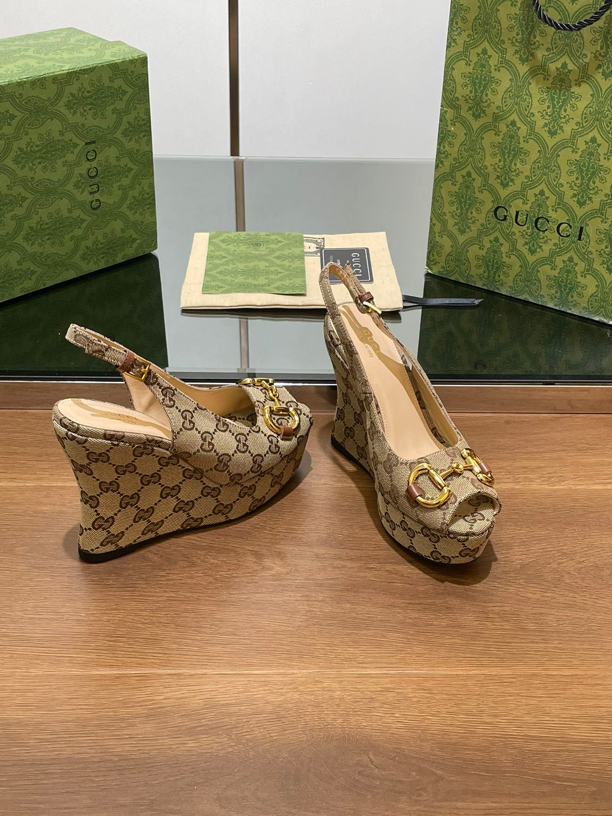 GG WEDGE PLATFORM IN CAMEL BROWN MONOGRAM JACQUARD FABRIC