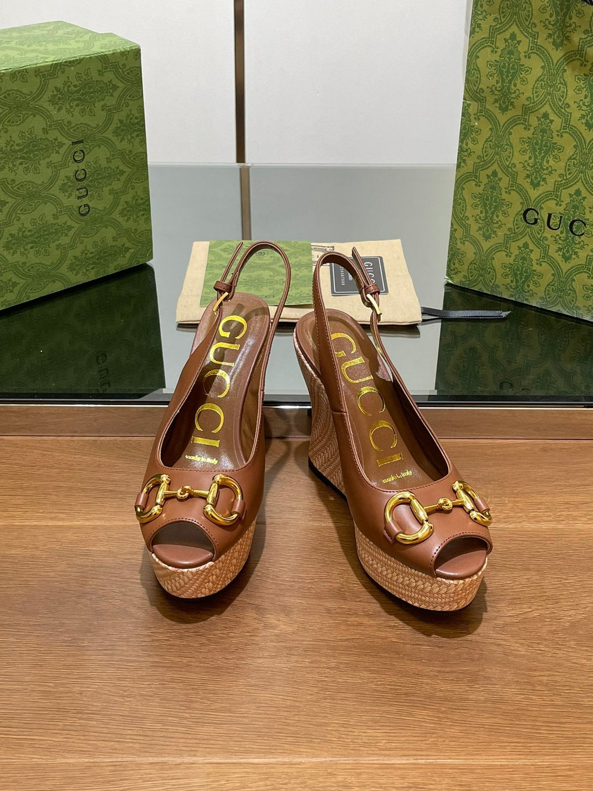 GG WEDGE PLATFORM IN CHOCOLATE BROWN CALFSKIN WITH GOLD HARDWARE