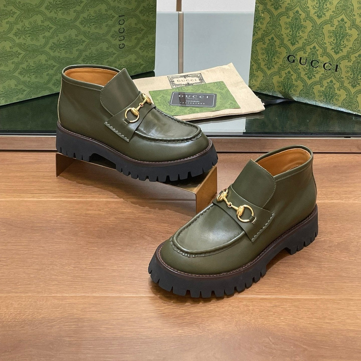HORSEBIT ANKLE BOOTS 4.5CM IN ARMY GREEN CALFSKIN