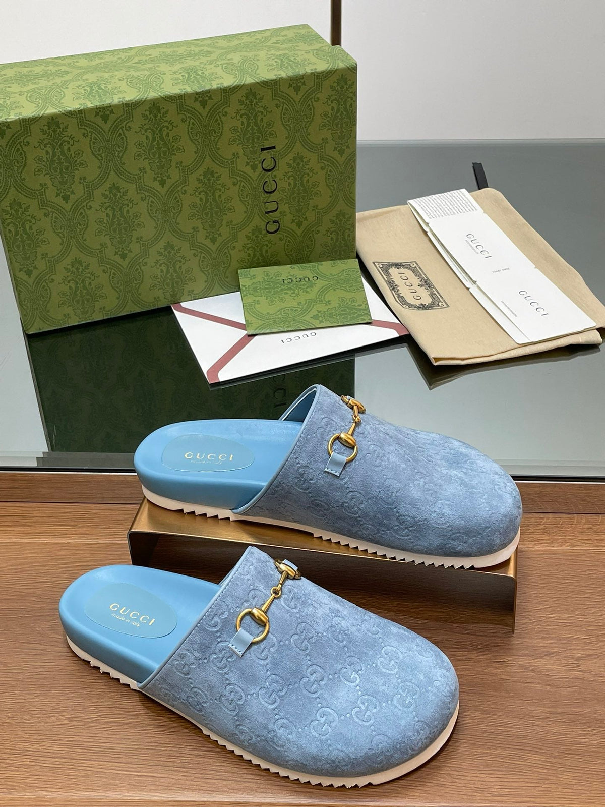 GG HORSEBIT MULE IN LIGHT BLUE EMBOSSED SUEDE AND SHEEPSKIN LINING