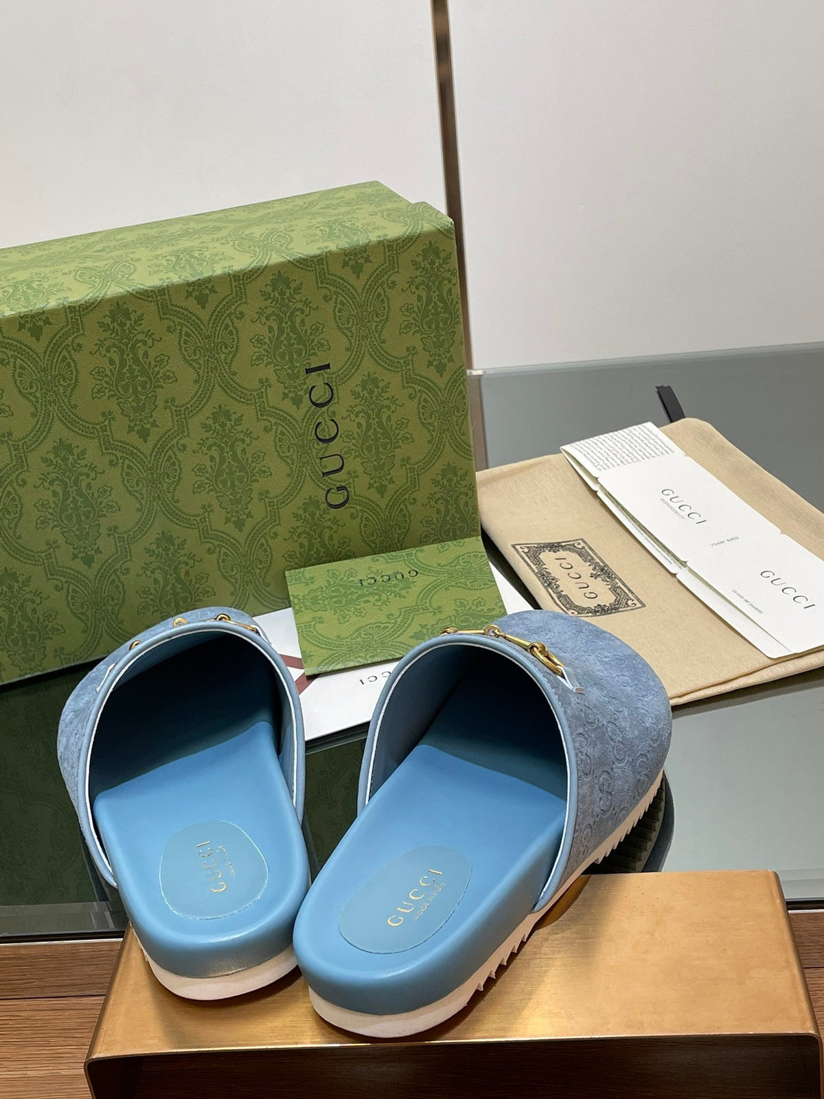 GG HORSEBIT MULE IN LIGHT BLUE EMBOSSED SUEDE AND SHEEPSKIN LINING