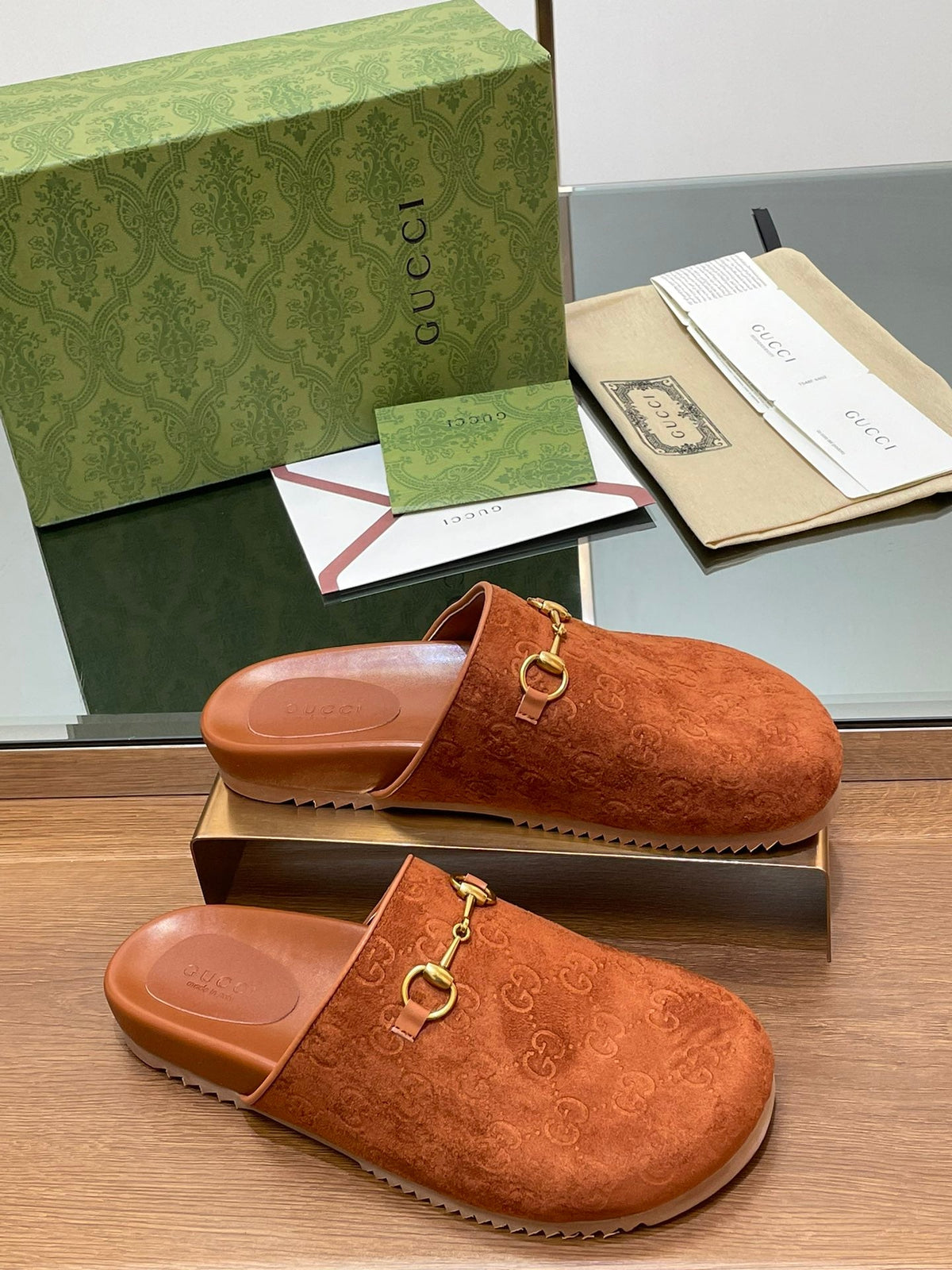 GG HORSEBIT MULE IN BURNT ORANGE EMBOSSED SUEDE AND SHEEPSKIN LINING