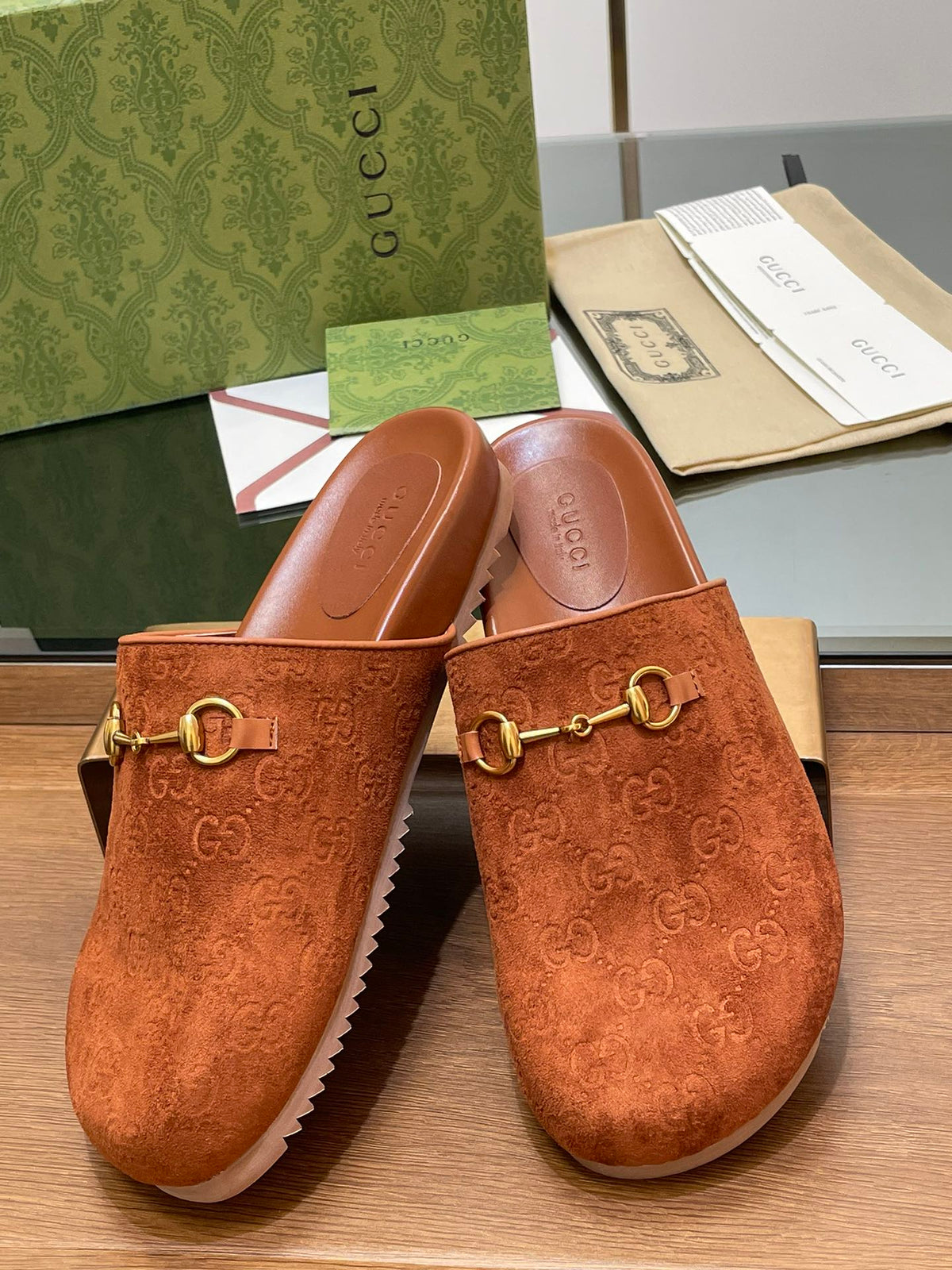GG HORSEBIT MULE IN BURNT ORANGE EMBOSSED SUEDE AND SHEEPSKIN LINING