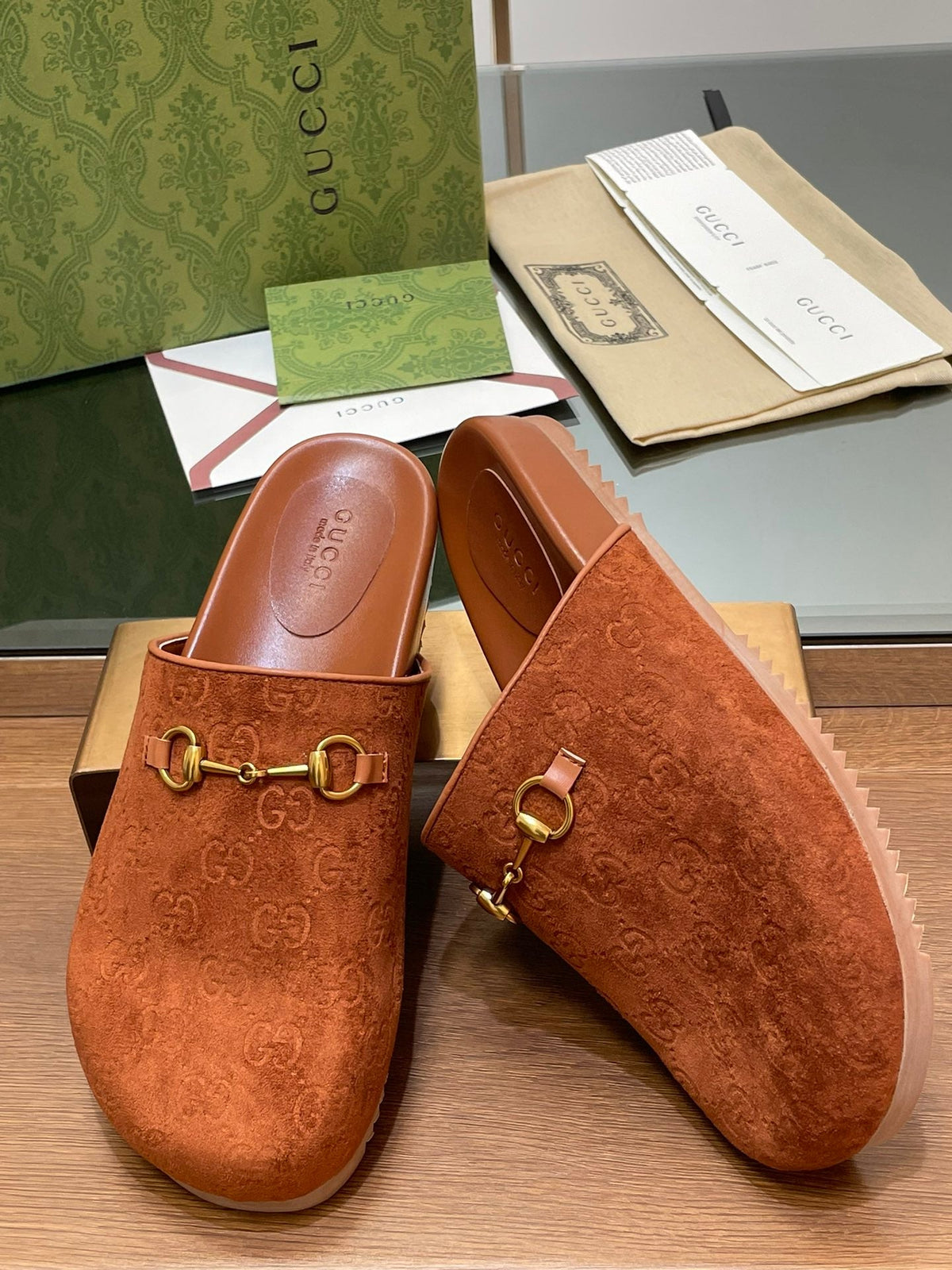 GG HORSEBIT MULE IN BURNT ORANGE EMBOSSED SUEDE AND SHEEPSKIN LINING