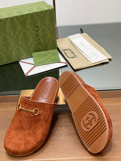 GG HORSEBIT MULE IN BURNT ORANGE EMBOSSED SUEDE AND SHEEPSKIN LINING