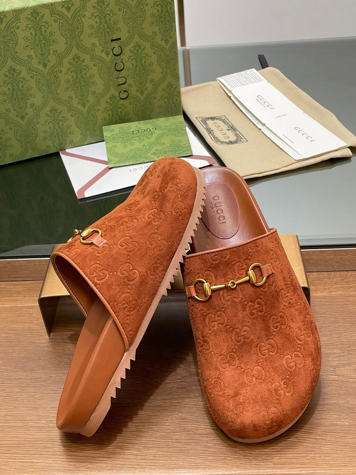 GG HORSEBIT MULE IN BURNT ORANGE EMBOSSED SUEDE AND SHEEPSKIN LINING
