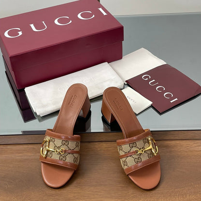 HIGH HEEL MULE 5.5 CM IN BROWN CALFSKIN MIX FABRIC AND GOLD HARDWARE