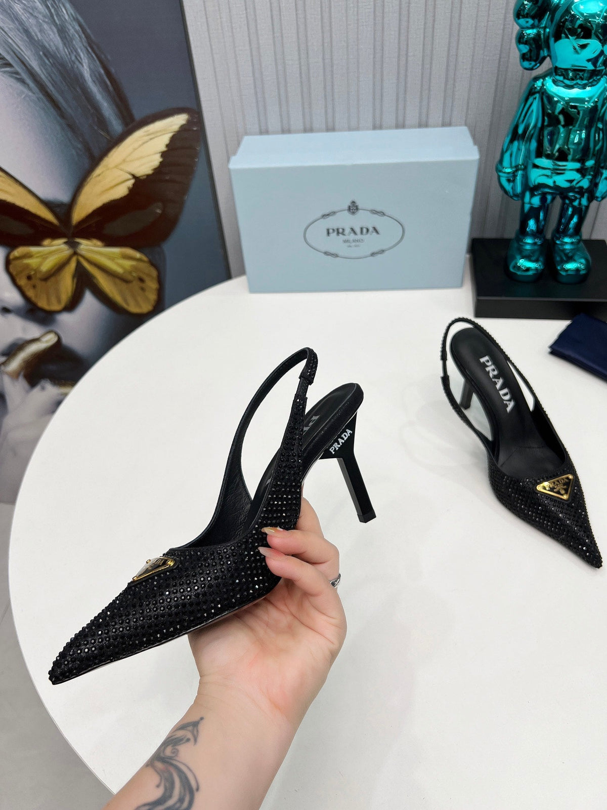 CRYSTAL SATIN HIGH-HEEL SLING BACK PUMPS BLACK